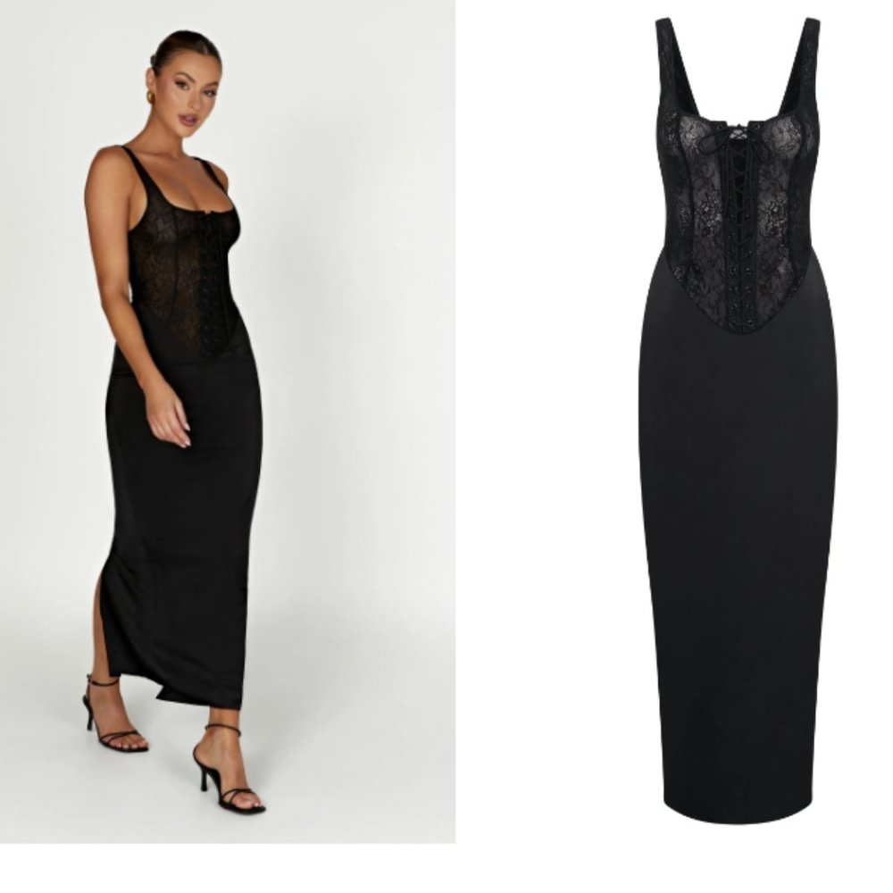 NWT BLACK OCTAVIA LACE CORSET MAXI DRESS S